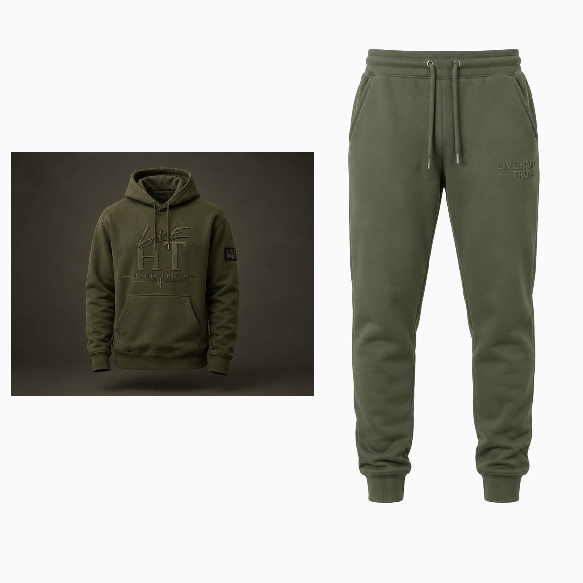 Live Hard Truth olive hoodie and classic jogger set